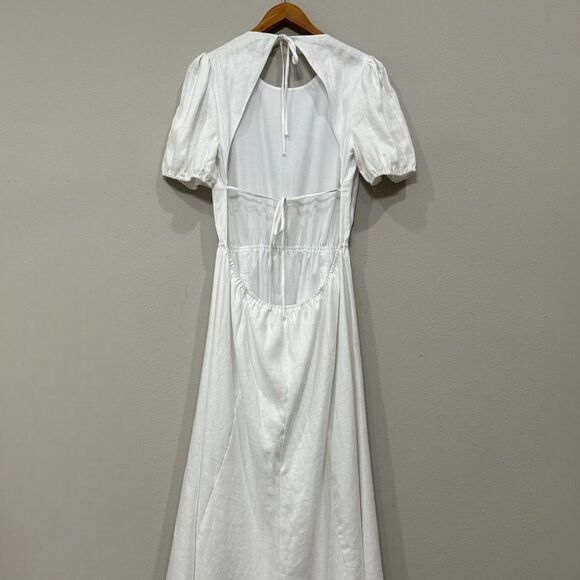 Reformation Linen Midi Dress Open Back Puff Sleeve White Size 12 - Picture 5 of 16